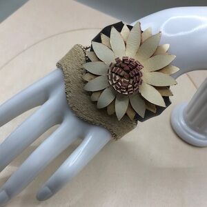 Bundle 2 boho style carved leather flower and cow hide bracelets